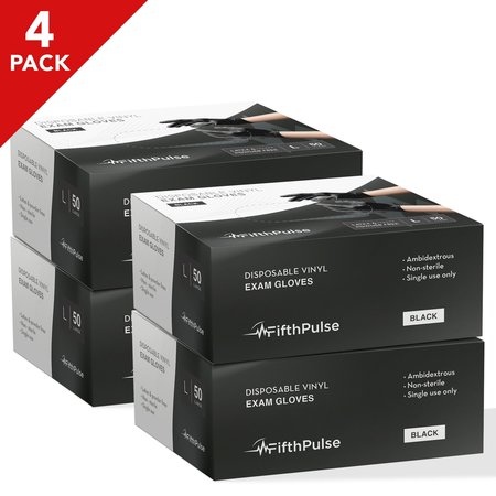 FIFTHPULSE 4 pack, Vinyl Disposable Gloves, Vinyl, Powder-Free, L, 50 PK, Black FP-FMN100087-4A